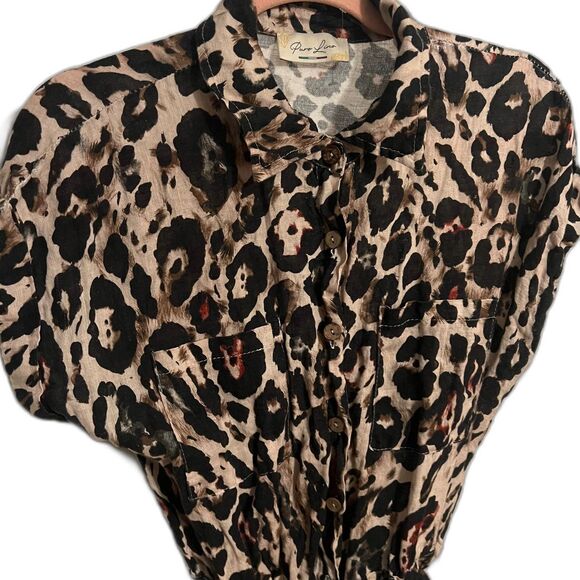 Puro Lino Made in Italy 100% Linen Leopard Print Romper Drawstring waist 19" P2P - Picture 7 of 14